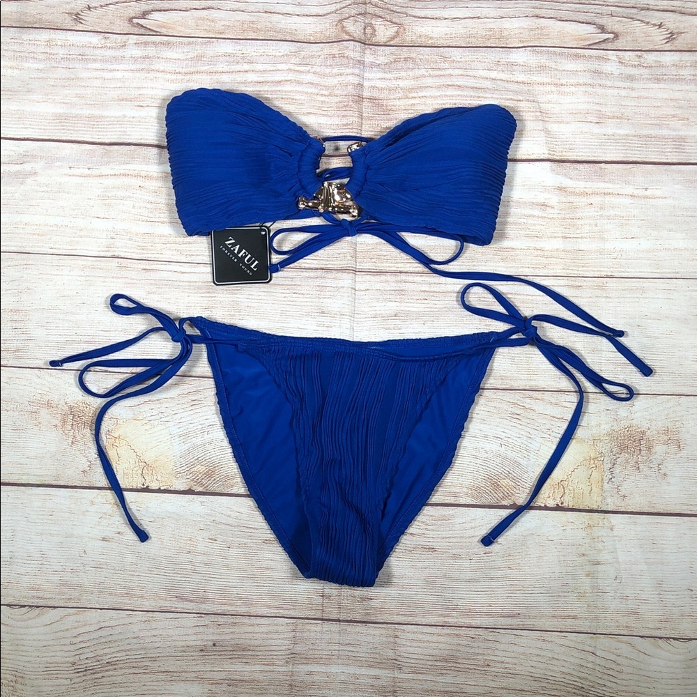 Zaful Cobalt Blue Textured Strapless Lace Up Top and Tie-Side Bottoms Bikini Set